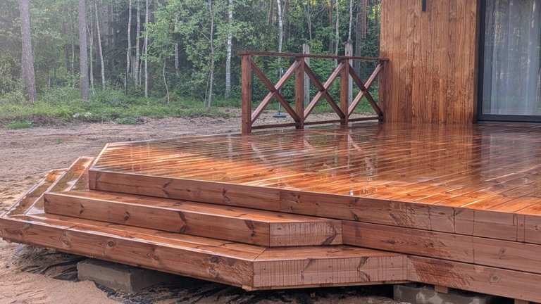 Heat-oiled timber terrace with steps and X railing
