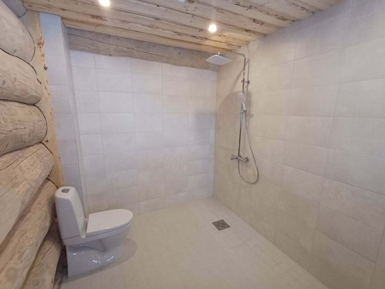 Bathroom with log wall and tiled shower corner